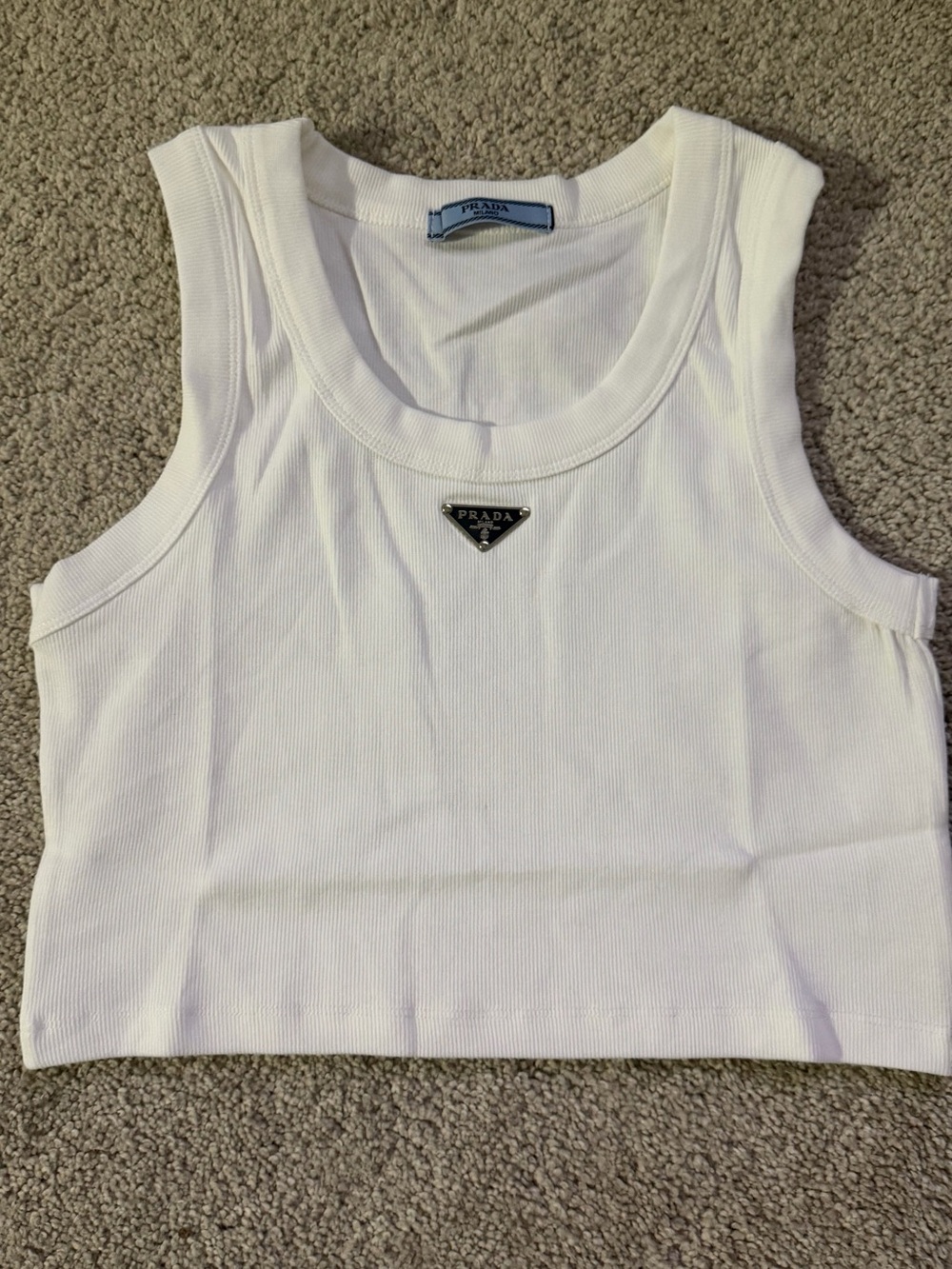 Prada Cream Ribbed Logo Crop Tank